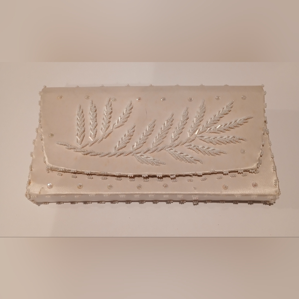 Vintage Cream Satin Clutch With White  Beaded Leaf Pattern.